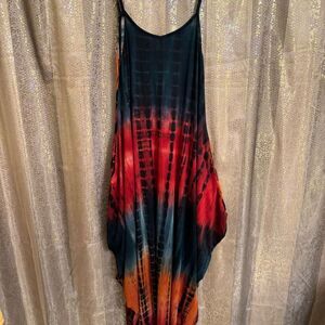 Votique Red Green Orange Tie Dye Stretchy Summer Maxi Dress M/L